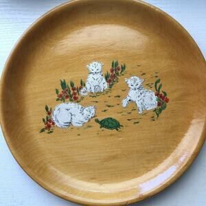 Vintage Hand Painted Kittens Turtle Wooden Dish